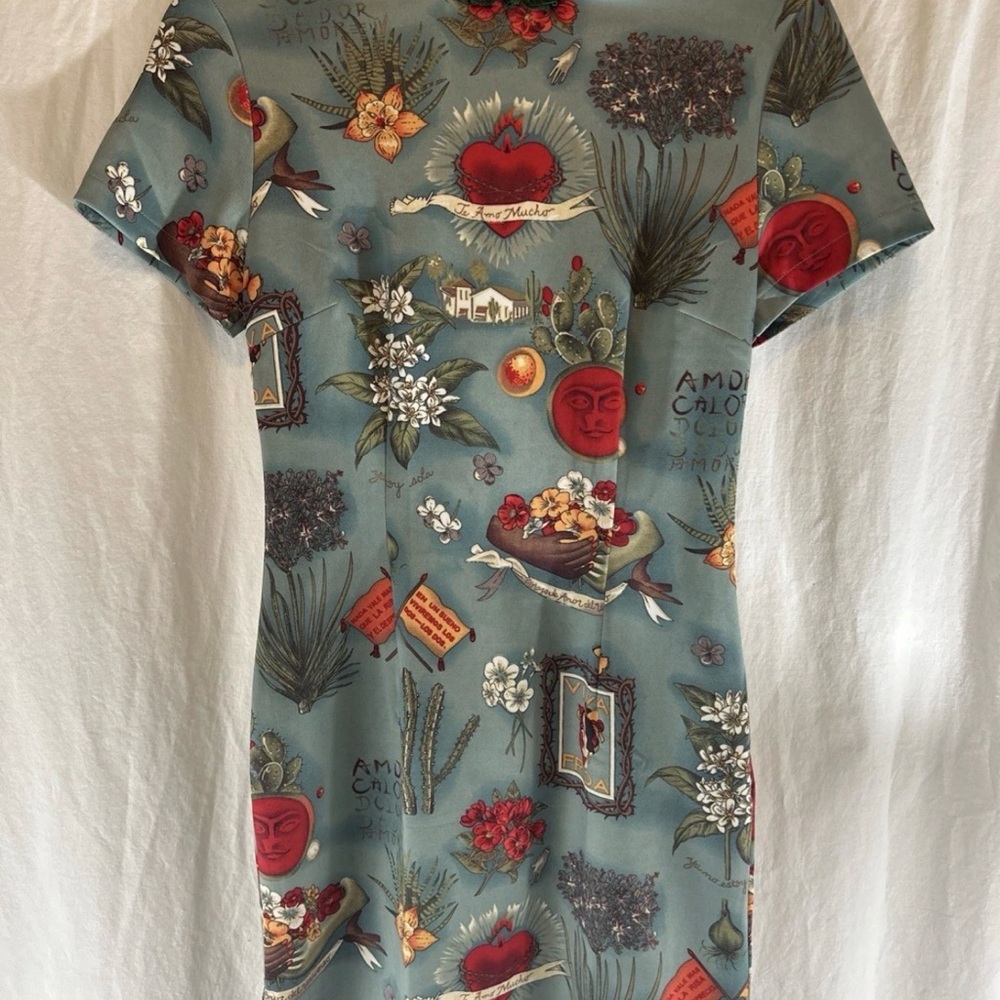 LG Fukcup Viva Frida Kahlo Teal Print Pencil Dress Size Small